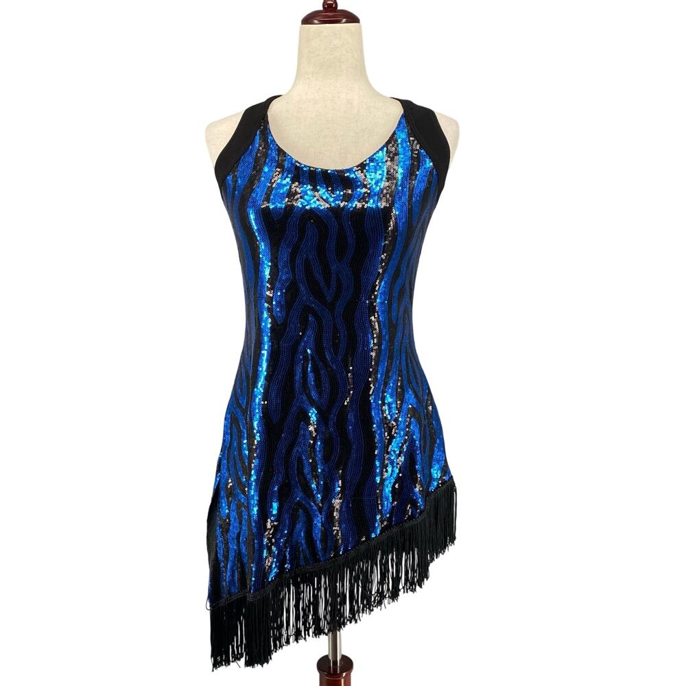 Weissman Blue Black Sparkle Zebra Print Asymmetric Dance Stage Top Womens Medium